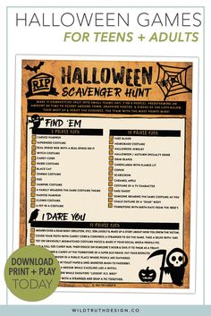 the halloween scavenger hunt for adults and teens is shown in this printable poster