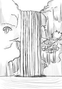 a drawing of a waterfall with trees and rocks in the background, drawn by hand