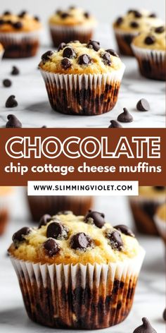 chocolate chip cottage cheese muffins with chocolate chips on top and in the middle