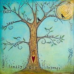 a painting of a tree with two birds perched on it's branches and the words family, god, friends