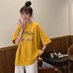 Oversized+T-shirt+Women+Summer+Loose+Casual+Tops+Tees+New+2020+Korean+Style+Cartoon+Letter+Print+Harajuku+T+Shirt Long T-shirt Style, Large T Shirt Outfit Women, Korean Oversized T Shirt, Korean Tees Outfit, Yellow Tshirt Outfits Women, Summer Oversized Outfits, Baggy Shirt Outfit Oversized Tee, Oversized Tshirt Outfit Women, T Shirt Korean Style