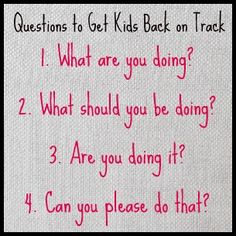 a white piece of paper with pink writing on it that says questions to get kids back on track