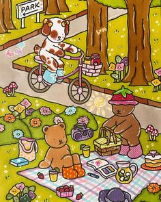 there is a painting of two teddy bears on a picnic blanket in the park, one riding a bike