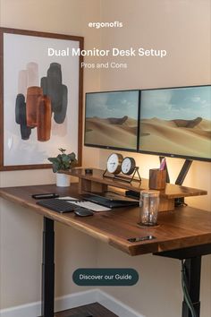 A desk setup featuring a solid wood standing desk, two computer screens and a dual monitor arm. Dual Monitor Desk Setup, Dual Office Ideas Home, Best Dual Monitor Setup, Monitor Desk Setup, Double Monitor Setup