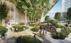 an artist's rendering of people walking around in a courtyard with trees and bushes