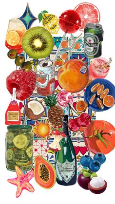 a collage of various fruits and vegetables on a white background, including oranges, kiwis, watermelon, pineapple