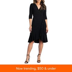 in stock Elegant V-neck Ruffle Dress For Evening, Elegant Ruffle Midi Dress For Night Out, Elegant Midi Length Ruffle Dress For Night Out, Elegant Evening Ruffle Dress With V-neck, Elegant V-neck Ruffle Evening Dress, Black Cocktail Midi Dress With Ruffle Hem, Elegant Black Midi Dress With Ruffle Hem, Chic Fitted Black Ruffle Dress, Black Fitted Knee-length Ruffle Dress