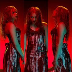 three different shots of a woman with red hair in a dress, standing against a red background