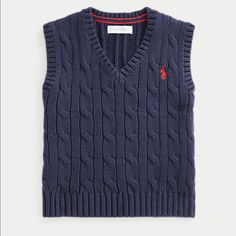 a sweater vest with a polo logo on the chest and cable kniting at the neck