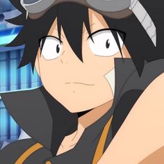 an anime character with black hair and goggles on his head looking at the camera