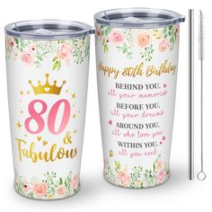 two white tumblers with pink flowers and gold lettering on them, one has a straw in it