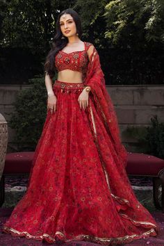 Red attached cancan lehenga with all over floral prints and floral embroidered waistband. Paired with a padded blouse with floral embroidery and dupatta with floral prints and scallop trimmed border. - Aza Fashions Unstitched Red Lehenga With Sheer Dupatta, Red Designer Party Wear Lehenga, Red Party Wear Set With Dupatta, Designer Party Wear Red Lehenga, Red Organza Sharara With Unstitched Blouse, Red Georgette Lehenga With Unstitched Blouse, Red Fitted Lehenga For Party Wear, Red Party Wear Sets For Reception, Red Unstitched Organza Sharara