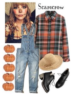 a woman in overalls and plaid shirt with pumpkins