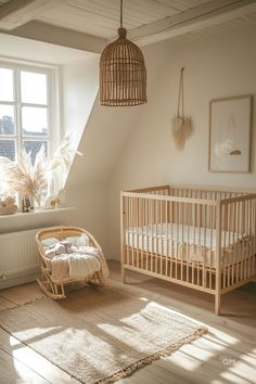 Elegant nursery with a cozy natural tone, featuring a wooden crib, rattan accents, and beige and brown nursery decor, ideal for gender-neutral design. Mixed Wood Furniture, Nature Inspired Nursery, Botanical Motifs, Cozy Nursery, Creative Storage Solutions, Stylish Nursery, Nursery Room Design, Living Room Loft, Small Space Gardening