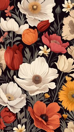 an image of many different flowers on a black background with red, white and yellow colors