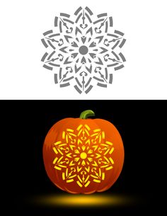 a pumpkin with an intricate design on the front and side, sitting next to a black background