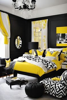 a bedroom with black and yellow decor on the walls