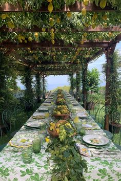 a long table with plates and fruit on it