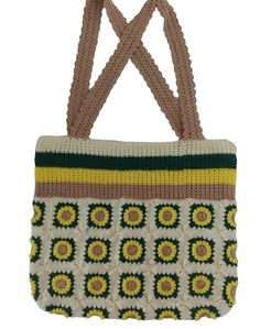 Rectangular Crochet Yarn Shoulder Bag, Handwoven Yarn Tote Bag, Hand Knitted Yarn Tote Shoulder Bag, Knitted Tote Beach Bag, Yarn Tote Bag For Shopping, Bohemian Crochet Tote Bucket Bag, Crochet Yarn Shoulder Bag For Everyday Use, Yarn Crochet Tote Bag, Green Crochet Tote Straw Bag