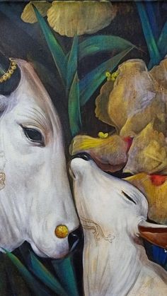 a painting of two white cows with yellow flowers on their heads and one has its nose to the other's ear