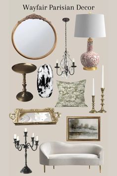 an assortment of furniture and decor items with the words wayfair parisian decor