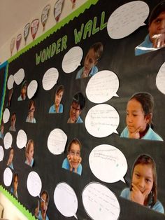 a bulletin board with many speech bubbles attached to it's side and children on the wall