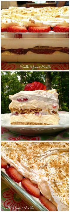 four different views of a cake with strawberries on it