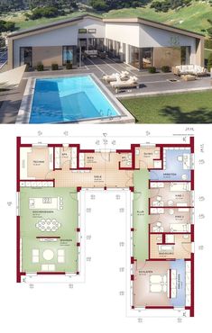 two floor plans for a modern house with pool