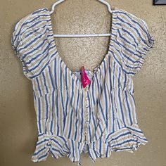 New With Tags Size L. No Rips Or Stains Just A Bit Wrinkled From Having It In Storage. Perfect Spring/Summer Top Summer Striped Blouse With Buttons, Striped Tops With Button Closure For Summer, Striped Button Tops For Vacation, Spring Vacation Tops With Buttons, Beach Striped Top With Buttons, Striped Button Top For Beach, Summer Vacation Tops With Buttons, Summer Tops With Buttons For Vacation, Summer Top With Button Closure For Vacation