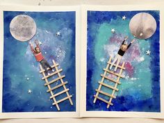 two children are standing on ladders to reach the moon and stars in the sky