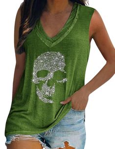 PRICES MAY VARY. ✿ Details Features: Women's rhinstone skull graphic tank top is trendy item and popular y2k/90s fashion style this summer. The summer cute sparkle graphic shirt features a horror skull, and the skull graphic, however the skull pattern made from sparkle glitter rhinestones adds a stylish and funny style to this women's casual tank top. ✿ Soft Material: This womens skull graphic beach sleeveless shirt is made of comfortable and soft cotton blend fabric, which has good stretch and Rhinestone Skull, Graphic Design Style, Skull Tank, Loose Tank Tops, Sleeveless Tee, Short Sleeve Tops, Casual Tank Tops, Casual Party, Clothing Patterns