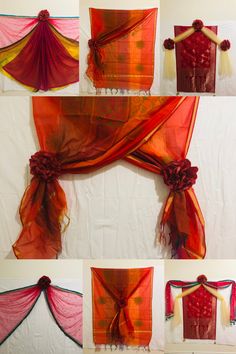 several pictures of different types of red and orange cloths hanging on a wall, with one draped over the other