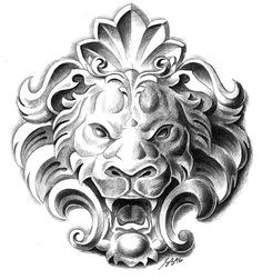 a drawing of a lion's head with an ornate design on the front and side