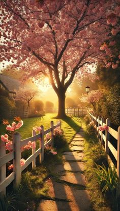 a path leading to a tree with pink flowers on it and the sun shining through