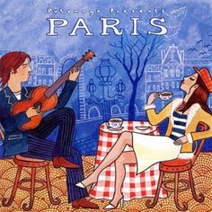 the cover of paris, featuring two people sitting at a table playing guitar and drinking coffee