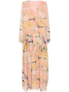 multicolour chiffon floral print V-neck bishop sleeves tied waist pleated skirt straight hem ankle-length Spring Pleated Maxi Dress With Flowy Skirt, Spring Silk Flowy Maxi Dress, Flowy Silk Maxi Dress For Spring, Spring Silk Maxi Dress With Print, Spring Silk Printed Maxi Dress, Spring Printed Silk Maxi Dress, Printed Silk Maxi Dress For Spring, Multicolor Floral Print Maxi Dress With Flowy Skirt, Multicolor Floral Print Flowy Maxi Dress