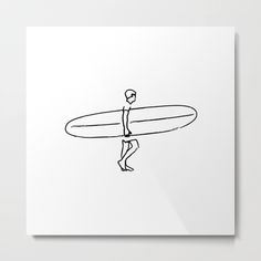 a drawing of a man carrying a surfboard on his back with one arm in the air