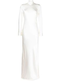 cloud white silk satin finish high neck long sleeves open back floor-length Luxury Long Sleeve Silk Gown, Silk Long Sleeve Wedding Gown, Long Sleeve Silk Wedding Gown, White Formal Gown With Back Opening, Chic Long Sleeve Wedding Night Dress, White Silk Long Sleeve Gown, Long Sleeve Satin Dress For Wedding Night, Satin Long Sleeve Dress For Wedding Night, Satin Long Sleeve Wedding Night Dress