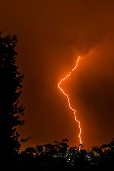 a lightning bolt is seen in the sky above some trees at night with orange lightening