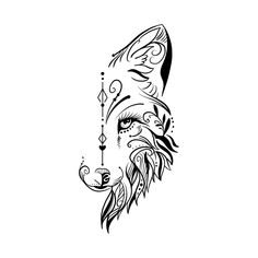 a black and white drawing of a wolf's head with an arrow on it