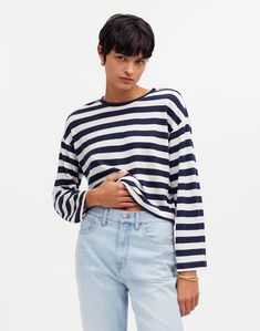 Drop-Shoulder Pullover Crop Tee in Stripe Long Sleeve Tops With Horizontal Stripes For Summer, Long Sleeve Striped Tops For Summer, Casual Striped Long Sleeve Top For Spring, Rich Girl Fashion, Beach Ware, Your Outfit, Striped Tee, Crop Tee, Drop Shoulder