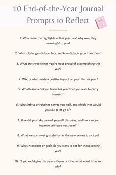 End-of-year journal prompts are a thoughtful way to reflect on the past year, celebrate achievements, and set intentions for the year ahead. These prompts guide you in exploring your successes, challenges, growth, and lessons learned. By journaling, you can gain clarity, practice gratitude, and create a vision for the future. It’s a powerful practice to close the year with intention and welcome the next chapter with purpose and focus. #journal Journal Prompts To Reflect On The Year, New Year Prompts Goal Settings, End Of Year Prompts, End Of The Year Journal Ideas, Yearly Journal Prompts, End Of The Year Journal Prompts, End Of Year Journal Prompts, Journal End Of Year, End Of Year Journal