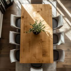 an overhead view of a wooden table with chairs and a potted plant on it