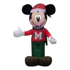 an inflatable mickey mouse wearing a red shirt and green pants with the letter m on it's chest