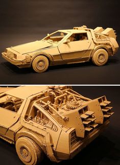 two pictures of a car made out of wood