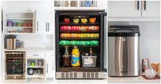 there are three different refrigerators with drinks in them and one is open to show what's inside