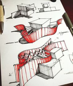 some sketches of different types of boats on a piece of paper next to a pen