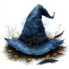 a watercolor painting of a wizard's hat on top of feathers and leaves