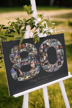 a sign with the number 50 on it and pictures of people in different places around it