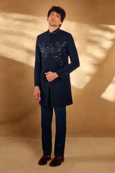 Blue sherwani with sequin, bead and threadwork embellished floral swirl motif on bodice. Comes with pant. - Aza Fashions Fitted Sequin Kurta With Traditional Drape, Embellished Bandhgala For Eid, Designer Embellished Sherwani For Diwali, Wedding Sherwani With Sequins For Diwali, Embellished Sherwani For Diwali, Embellished Unstitched Sherwani For Eid, Designer Wedding Kurta With Sequins, Designer Sequined Kurta For Wedding, Designer Sequined Sherwani For Eid